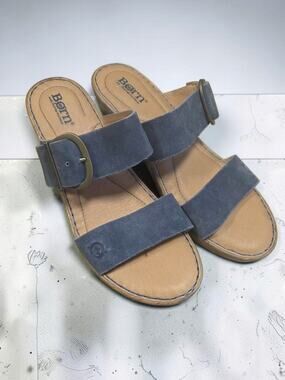 Born Womens Khela Blue Suede Leather Slide Sandals Buckle Comfort Size 8M